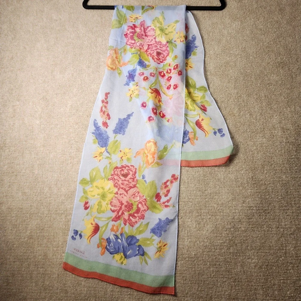 Lauren Ralph Lauren Scarf Women OS Blue Red Floral Silk Sheer Lightweight Rect